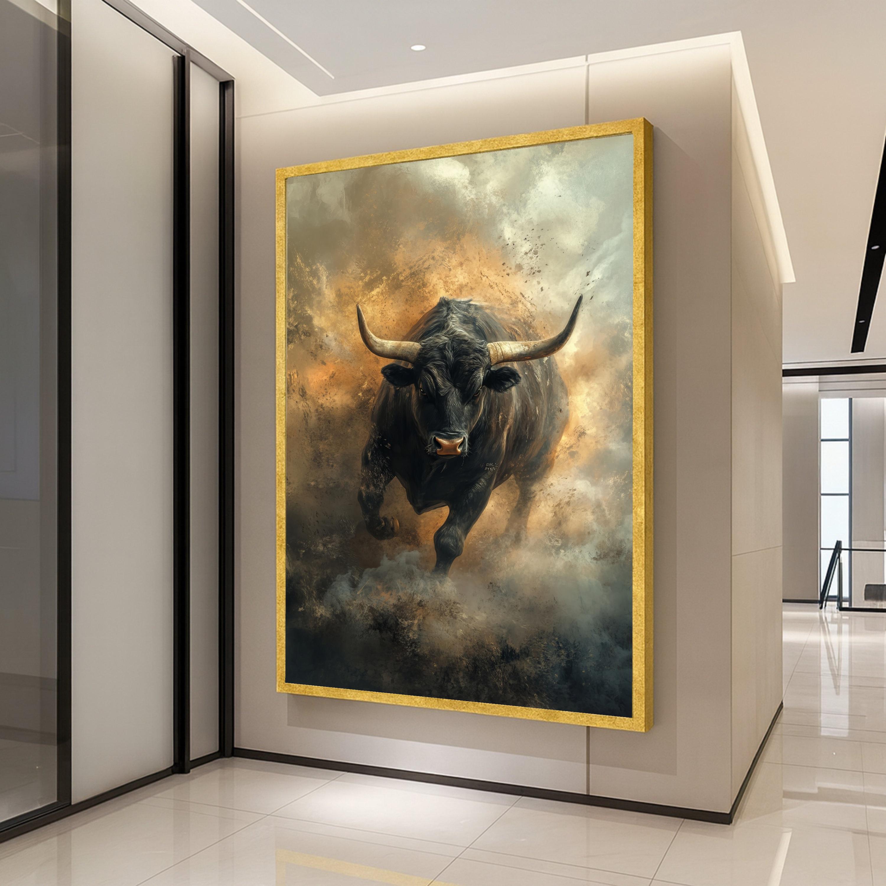 獰猛な黒い雄牛のキャンバス壁アート、力強い雄牛のプリント、砂嵐の雄