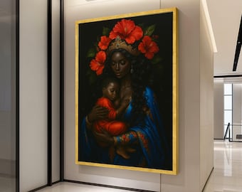 May include: A framed painting depicts a dark-skinned woman in a blue robe holding a child in a red outfit. The woman wears a gold crown and is adorned with red hibiscus flowers. The artwork has a gold frame.