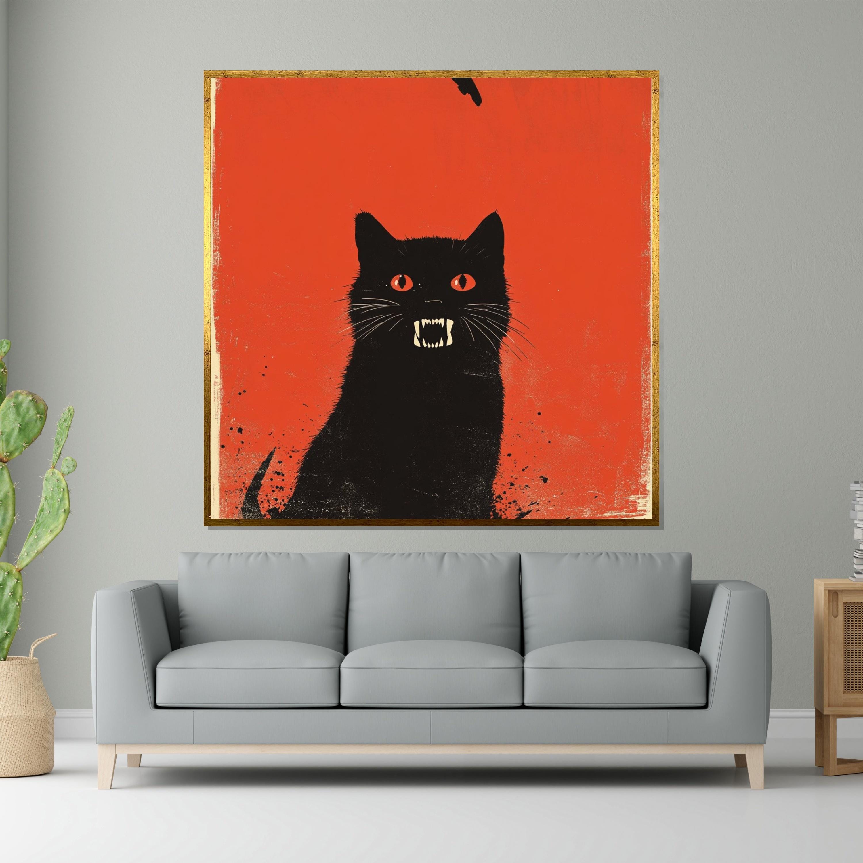 Fierce Black Cat Canvas Art, Angry Cat Wall Print, Feline Poster, Wall Art Canvas Design, Bold Red Background, Ready to Hang Decoration
