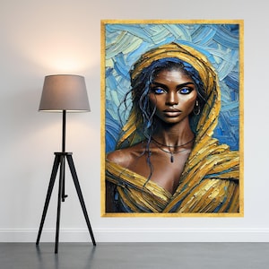 Stunning Blue-Eyed Woman Portrait Canvas, Modern Art, Vibrant Yellow and Blue Abstract Background, Contemporary Wall Ready To Hang,
