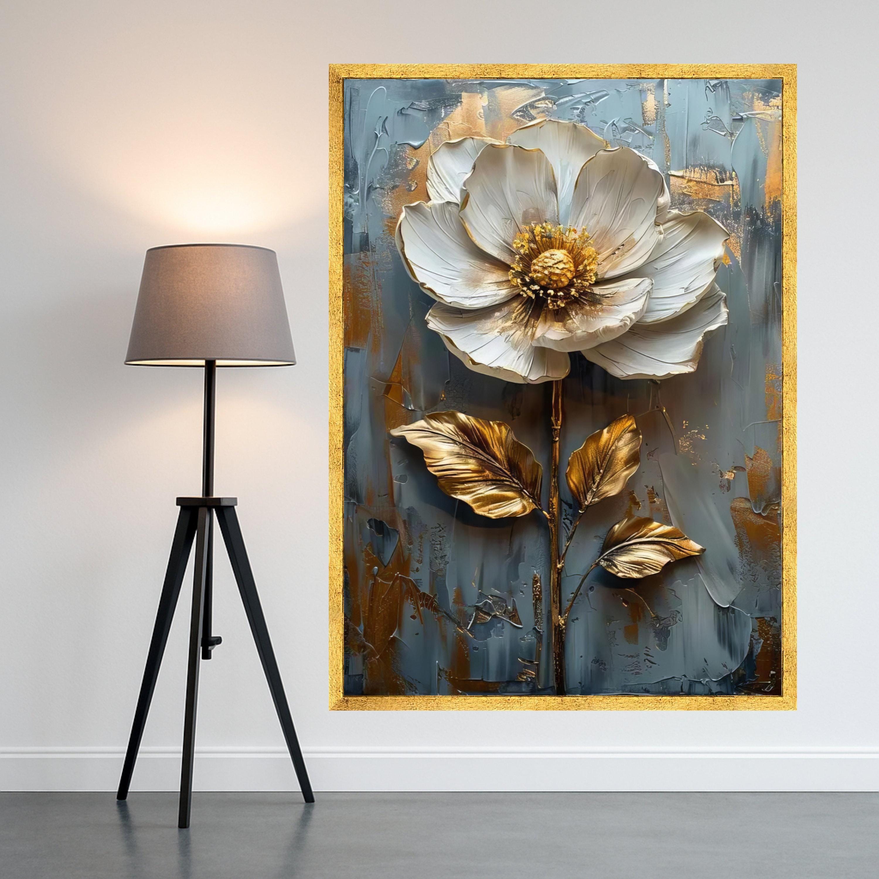 Elegant White and Gold Flower Canvas Wall Art, Floral Painting ...