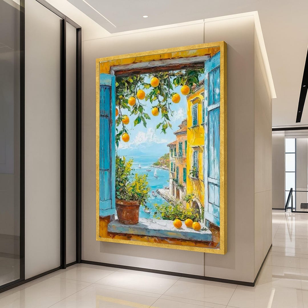Mediterranean Window View Canvas Print – Orange Tree Wall Art, Coastal ...