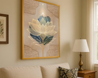 Stampa su tela con fiore di loto dorato: moderna arte murale spirituale, decorazione murale zen, pronta da appendere.