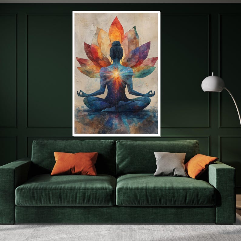 Meditativ lotuscanvas, yogakonst, färgglad meditationsaffisch, väggkonstcanvasdesign, chakraenergi, redo att hängas upp dekoration bild 4