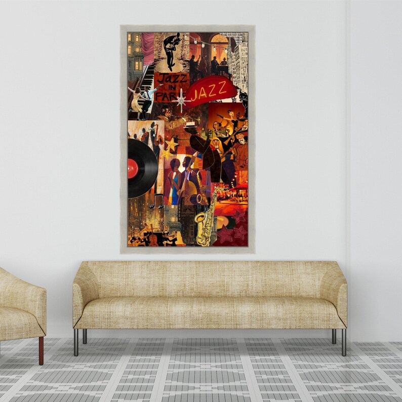 Vibrant Jazz Night Collage, Musical Instruments Canvas, Retro Vinyl ...
