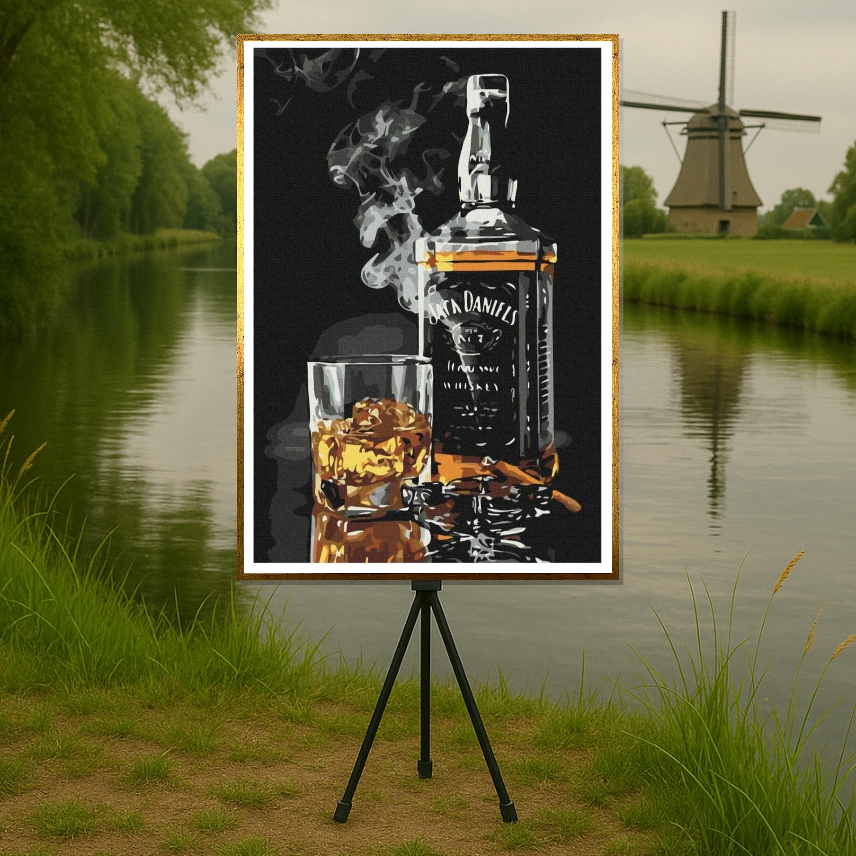 Whiskey Canvas Art, Bottle and Glass Print, Liquor Wall Art, Smoky Bar Decor, Wall Art Canvas Design, Ready to Hang Decoration