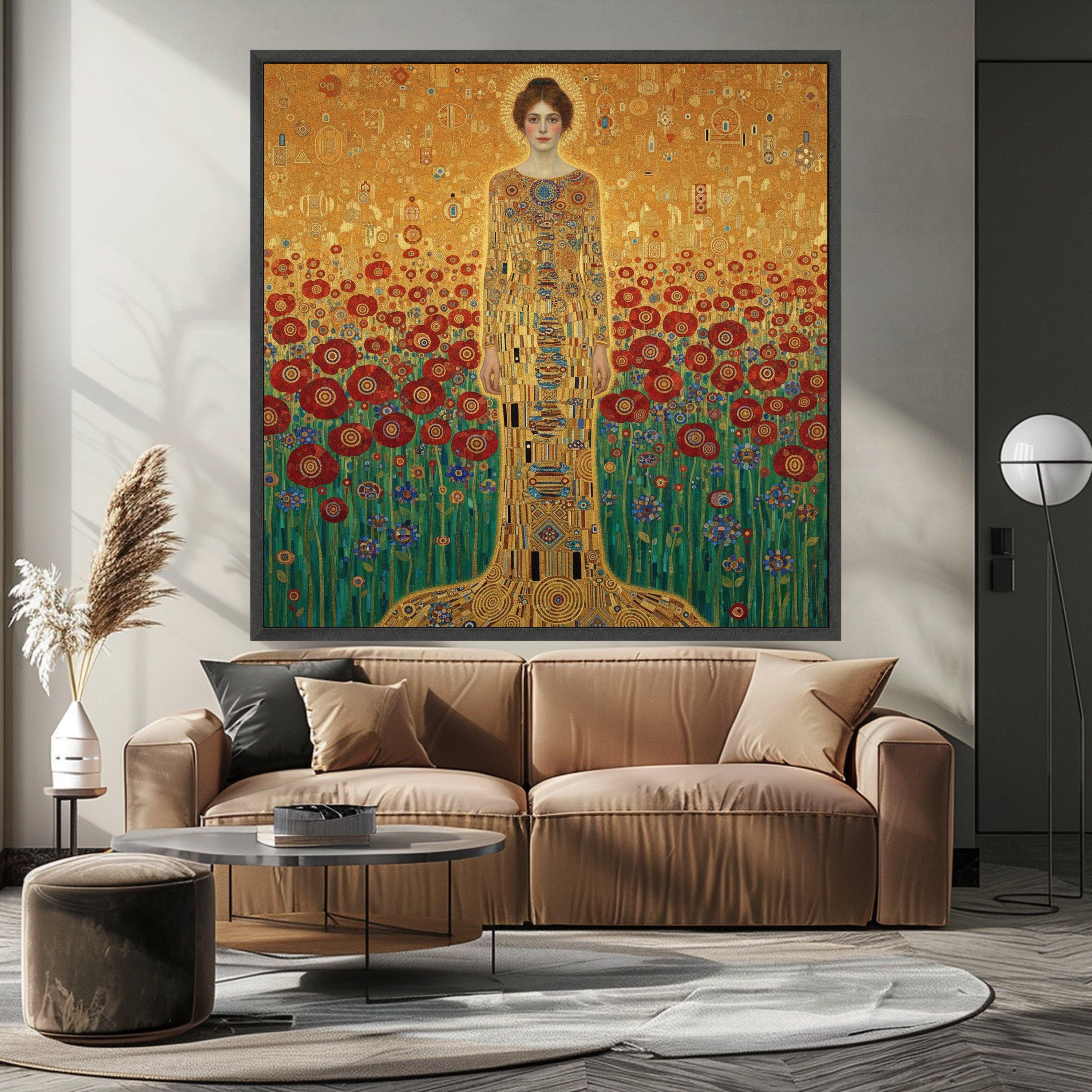 Gustav Klimt Style Golden Woman Canvas, Red Poppies Floral Art ...