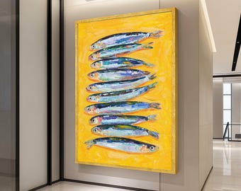 Colorful Sardines Painting Canvas, Vibrant Fish Wall Art, Nautical Kitchen Decor, Coastal Canvas Art, Bright Yellow Ready To Hang,