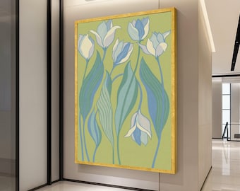 Abstract Blue Tulips Canvas Wall Art, Modern Floral Design, Botanical Home Decor, Soft Green Background, Contemporary Canvas Ready To Hang,