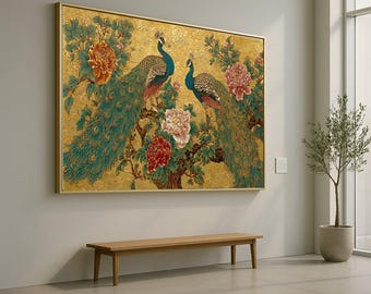 May include: A framed artwork featuring two peacocks perched on a flowering tree. The painting has a gold background with teal, red, and pink flowers. The artwork is displayed above a wooden bench in a well-lit room.