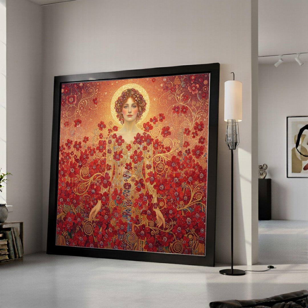 Gustav Klimt Woman With Red Flowers Canvas, Floral Portrait Wall Art ...
