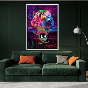 Cosmic Reflection Canvas, Astronaut Wall Art, Vibrant Space Art, Psychedelic Canvas Design, Ready to Hang Outer Space Décor, Art Print