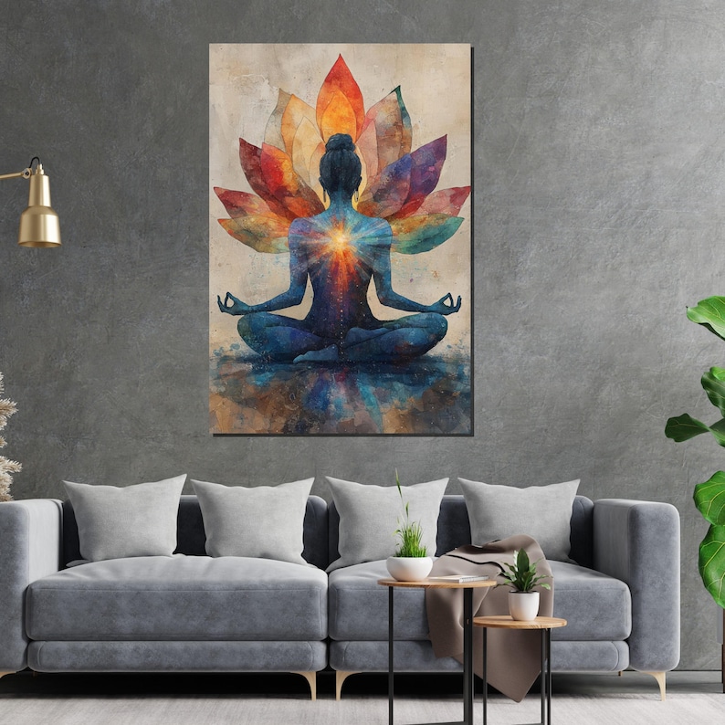 Meditativ lotuscanvas, yogakonst, färgglad meditationsaffisch, väggkonstcanvasdesign, chakraenergi, redo att hängas upp dekoration bild 5