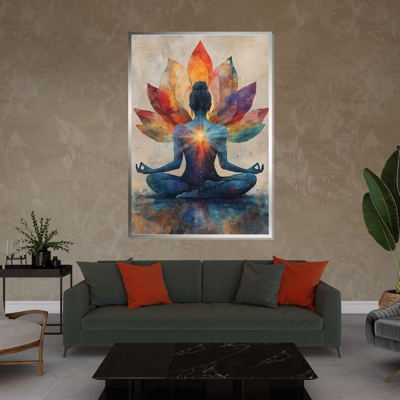 Meditativ lotuscanvas, yogakonst, färgglad meditationsaffisch, väggkonstcanvasdesign, chakraenergi, redo att hängas upp dekoration bild 3
