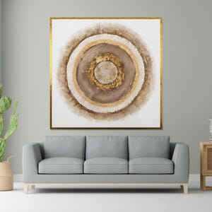 Gyllene abstrakt cirkulär duk, texturerad väggkonst, guldbeige duk, modern heminredning, väggkonst dukdesign, redo att hängas dekoration