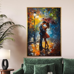Romantic Rain Canvas, Lovers Under Umbrella Print, Street Scene Art, Wall Art Canvas Design, Ready to Hang Couple Decor