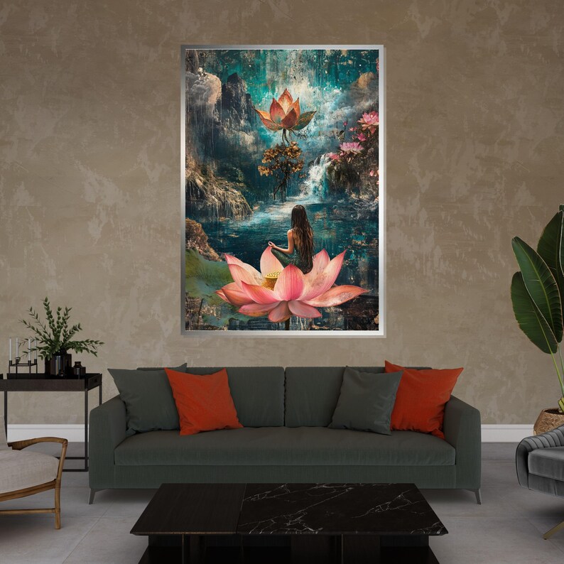 Mystical Lotus Meditation, Lotus Canvas Art, Serene Wall Art, Nature Zen Poster, Canvas Wall Design, Ready to Hang Decoration image 3