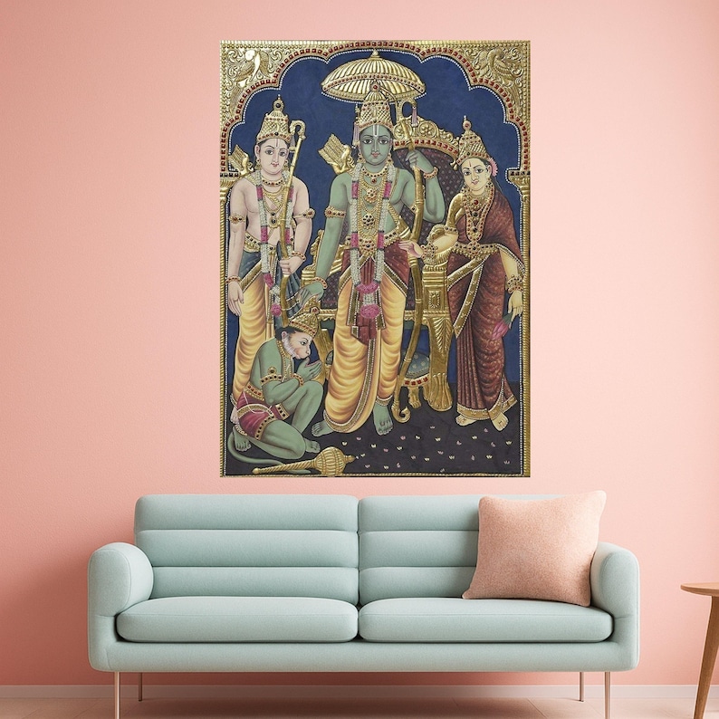 Impressão em tela estilo Tanjore Ram Darbar – Arte de parede hindu, decoração de parede, tela religiosa pronta para pendurar, decoração de parede tradicional indiana imagem 6