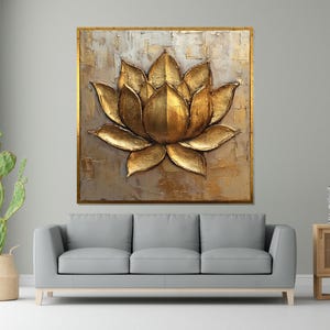 Golden Lotus Canvas Art, Metallic Lotus Wall Print, Floral Wall Art Design, Textured Canvas Painting, Ready to Hang Home Decoration