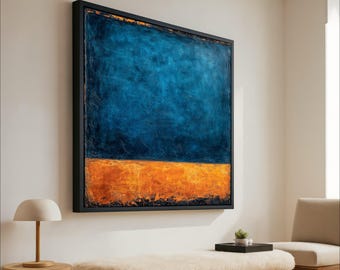 Lienzo abstracto de bloques de color, arte de pared azul y naranja, lienzo minimalista moderno, obra de arte geométrica, decoración contemporánea del hogar lista para colgar.