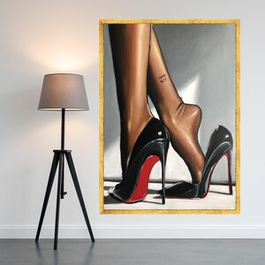 Elegant Black Red Sole Heels with Bare Feet Canvas, Fashion Wall Art, Stylish Footwear Painting, Modern Home Decor, Ready to Ready To Hang, image 2