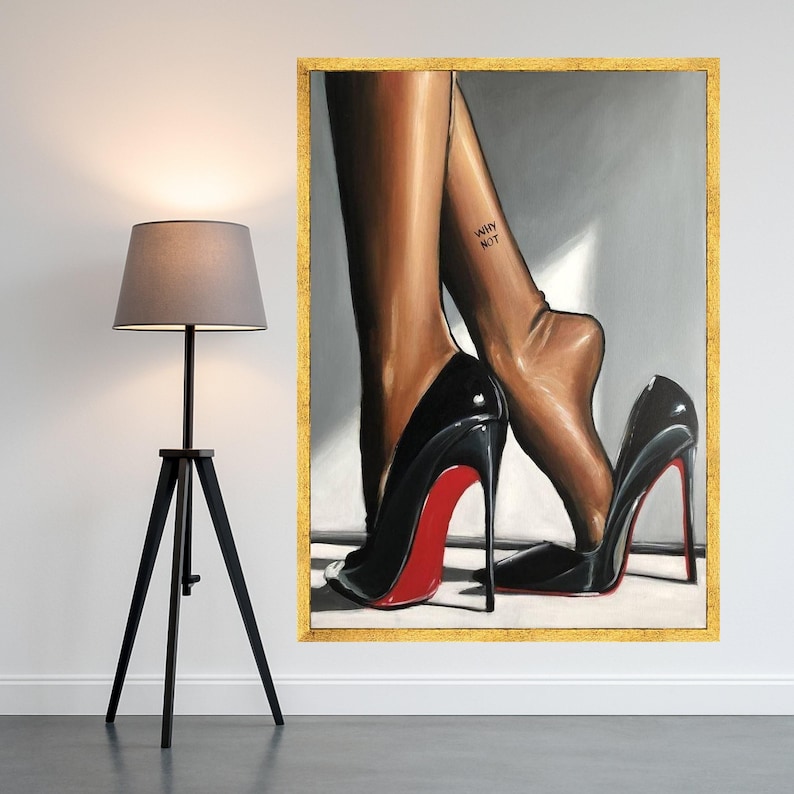 Elegant Black Red Sole Heels with Bare Feet Canvas, Fashion Wall Art, Stylish Footwear Painting, Modern Home Decor, Ready to Ready To Hang, image 2