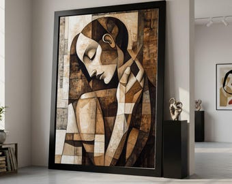 Abstrakt kvinnaporträtt på canvas, modern kubistisk stil, dekorativ canvas i bruna toner, samtida konstnärlig heminredning, redo att hängas.