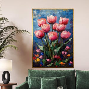 Blooming Tulips Canvas, Floral Wall Art, Oil Painting Style, Pink Flower Art Print, Wall Art Canvas Design, Ready To Hang Decoration