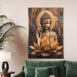 Goldene Buddha Leinwand, Friedliche Lotus Kunst, Spirituelle Wandkunst, Gelassenheit Leinwanddesign, Meditatives Poster, Fertig zum Aufhängen
