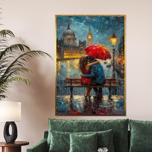 Romantic Rainy London Canvas, Couple Under Red Umbrella Art, Cityscape Wall Art, Ready to Hang Urban Lovers Canvas, London Decor
