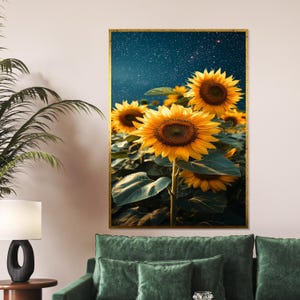 Sonnenblumennächte Leinwand, Sternenhimmel Sonnenblume Kunstdruck, Blumenwandkunst, lebendige Sonnenblume Poster, Wand Kunst Leinwanddesign, fertig zum Aufhängen
