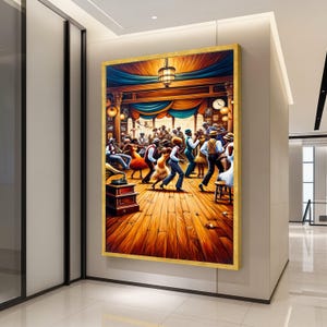 May include: A framed artwork showing a vibrant jazz club scene. The painting features people dancing on a wooden floor, with musicians playing in the background. The artwork is in a gold-coloured frame and hangs on a white wall, creating a striking visual.