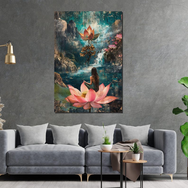 Mystical Lotus Meditation, Lotus Canvas Art, Serene Wall Art, Nature Zen Poster, Canvas Wall Design, Ready to Hang Decoration image 5