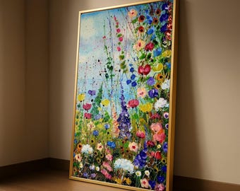 Vibrant Wildflower Meadow Canvas, Colorful Floral Wall Art, Spring Garden Painting, Nature Decor, Abstract Flower Canvas, Ready To Hang,