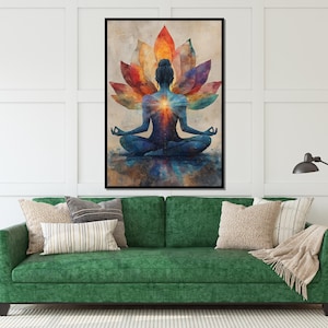 Meditativ lotuscanvas, yogakonst, färgglad meditationsaffisch, väggkonstcanvasdesign, chakraenergi, redo att hängas upp dekoration bild 2