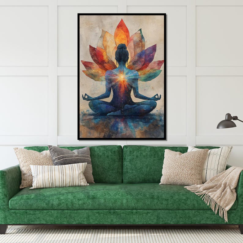 Meditativ lotuscanvas, yogakonst, färgglad meditationsaffisch, väggkonstcanvasdesign, chakraenergi, redo att hängas upp dekoration bild 2