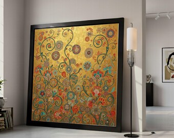 Gustav Klimt Floral Gold Canvas Wall Art, Decorative Flowers Canvas, Ornamental Nature Wall Decor, Elegant Home Decoration, Ready To Hang,
