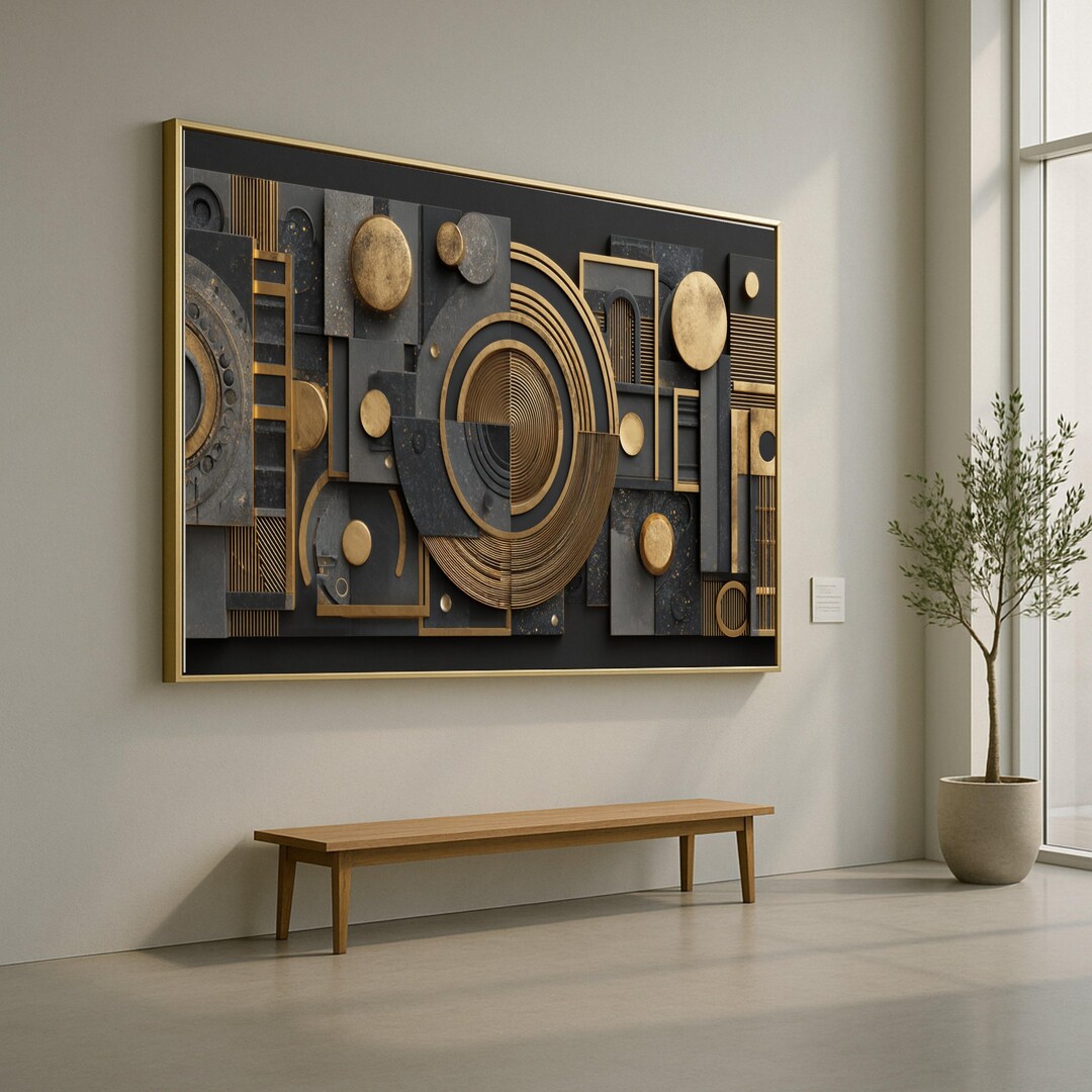 Geometric Gold and Black Abstract Canvas Wall Art, Modern Shape Design ...