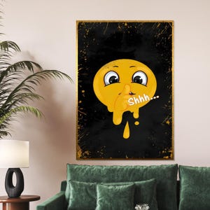 Stilles Emoji Leinwand, gelbes Shhh Poster, tropfende Emoji Kunst, Wand Kunst Leinwand-Design, fertig zum Aufhängen, ruhiges Dekor, einzigartiger Emoji Druck