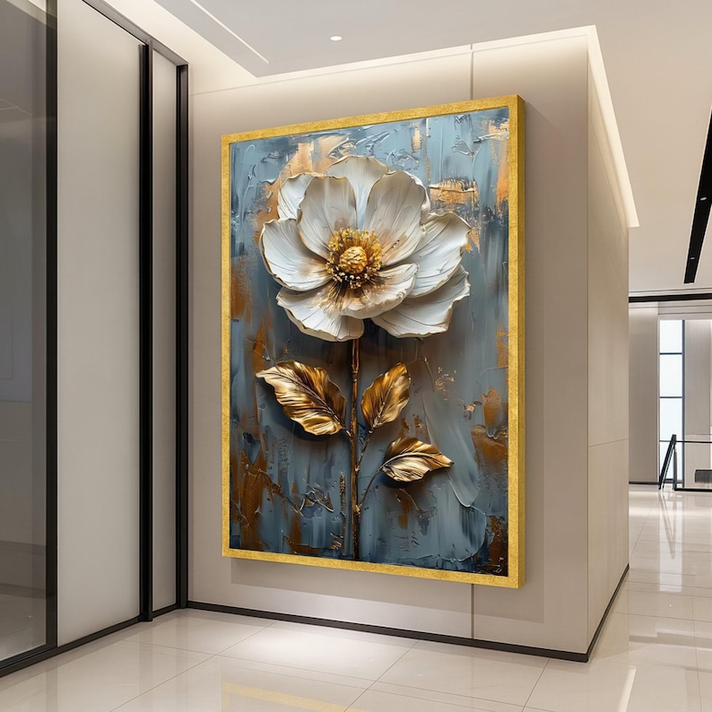 Elegant White and Gold Flower Canvas Wall Art, Floral Painting ...