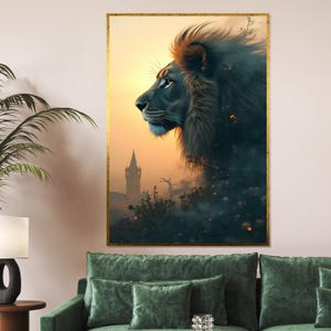 Majestätischer Löwe in der Dämmerung Leinwand, Löwensilhouette, Sonnenuntergang Tier Poster, Wandkunst, Leinwanddesign, fertig zum Aufhängen
