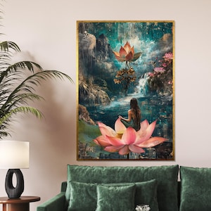Mystische Lotus Meditation, Lotus Leinwand Kunst, Gelassene Wandkunst, Natur Zen Poster, Leinwand Wandgestaltung, fertig zum Aufhängen, Dekoration
