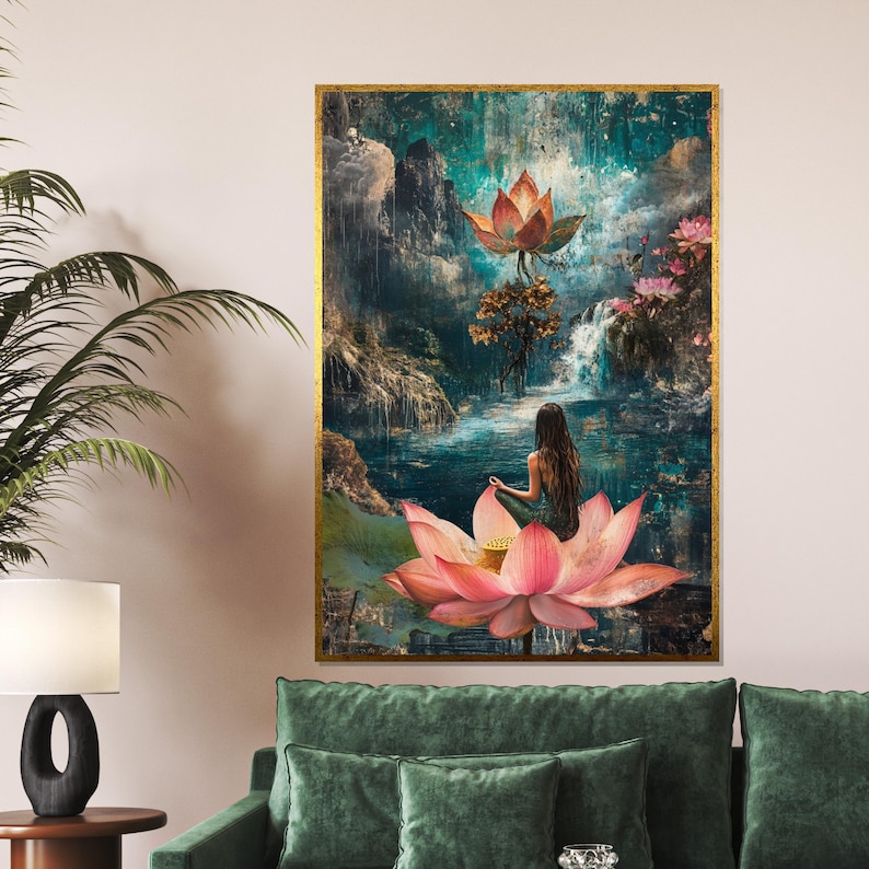 Mystical Lotus Meditation, Lotus Canvas Art, Serene Wall Art, Nature Zen Poster, Canvas Wall Design, Ready to Hang Decoration image 1