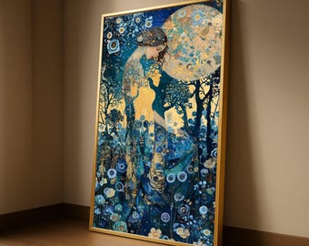 Mystical Woman in Floral Forest, Dreamy Night Canvas Art, Abstract Botanical Wall Decor, Fantasy Moonlight Painting, Blue and Ready To Hang,