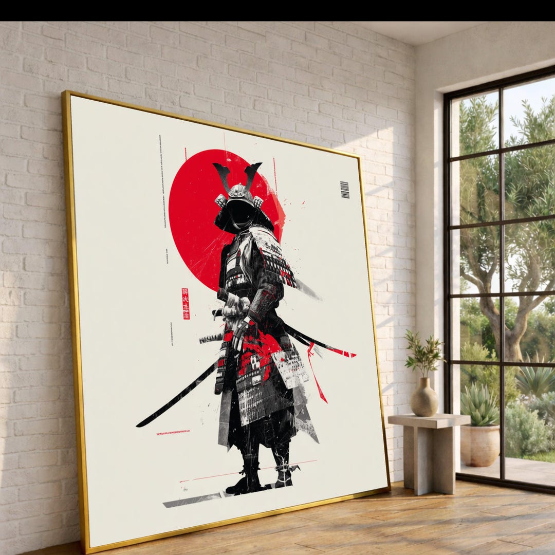 Bold Samurai Warrior Canvas, Japanese Armor Art, Red Sun Wall Art ...