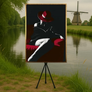 Mujer misteriosa con sombrero rojo, lienzo oscuro, arte mural de mujer sensual, póster negro y rojo, diseño de lienzo para pared, decoración lista para colgar