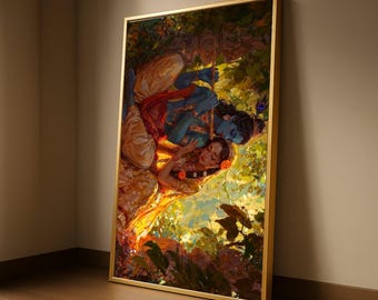 Romantic Krishna and Radha Canvas, Indian Mythology Wall Art, Divine Love Painting, Vibrant Spiritual Canvas, Home Decor Art Ready To Hang,