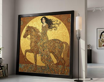 Elegant Woman Riding Horse Canvas Art, Geometric Pattern Wall Art, Bohemian Style Home Decor, Modern Decorative Canvas, Ready Ready To Hang,