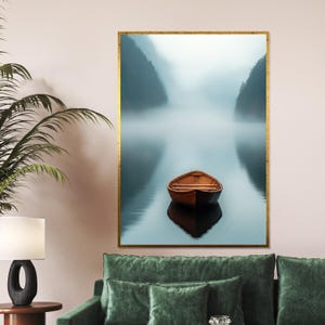 Serenity Boat Canvas, Nebliger See Wandkunst, Ruhige Landschaft, Natur Poster, Wand Kunst Leinwanddesign, Fertig zum Aufhängen, Dekoration