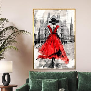 Elegant Red Dress, Urban Canvas, Fashion Art, Lady in Red Wall Art, Cityscape Poster, Wall Art Canvas Design, Ready To Hang Decoration